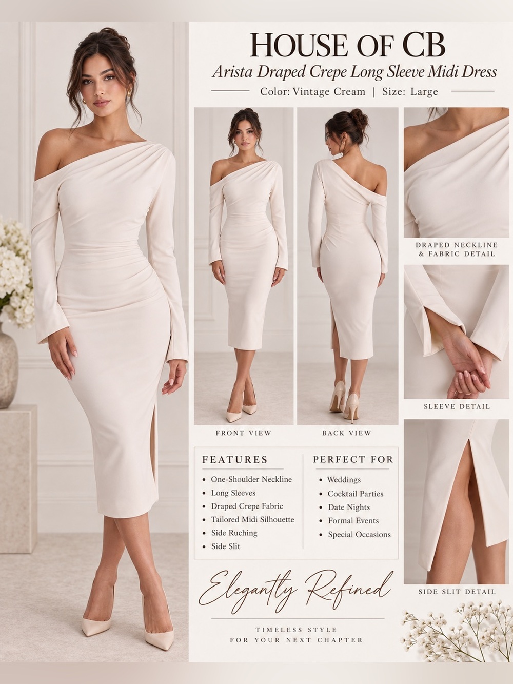 House of CB Arista Vintage Cream One Shoulder Long Sleeve Midi Dress Large NWOT